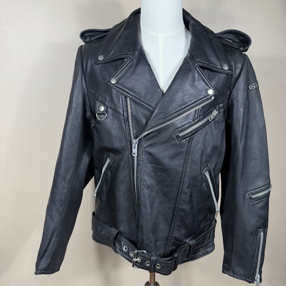 Hein Gericke Black Leather Moto Jacket Belted Biker Motorcycle Zip Size EU 50